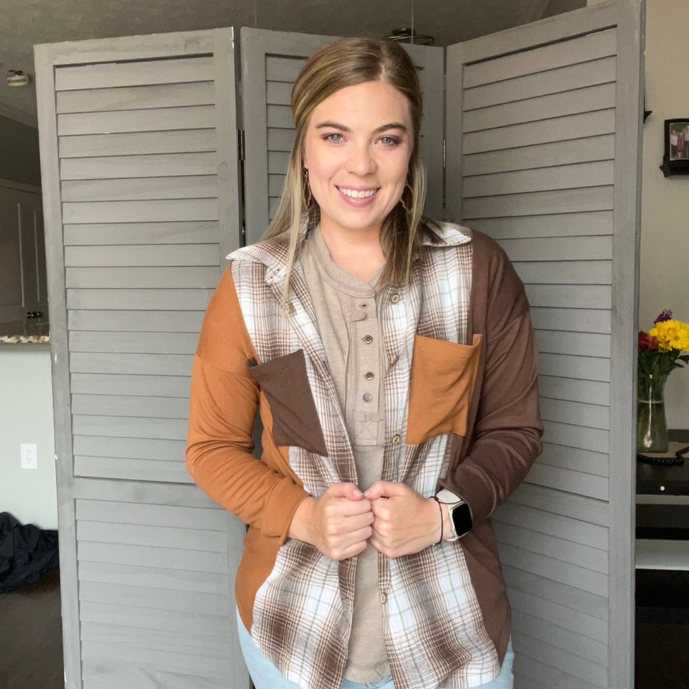 Plaid Button-Up Shirt with Brown Accents